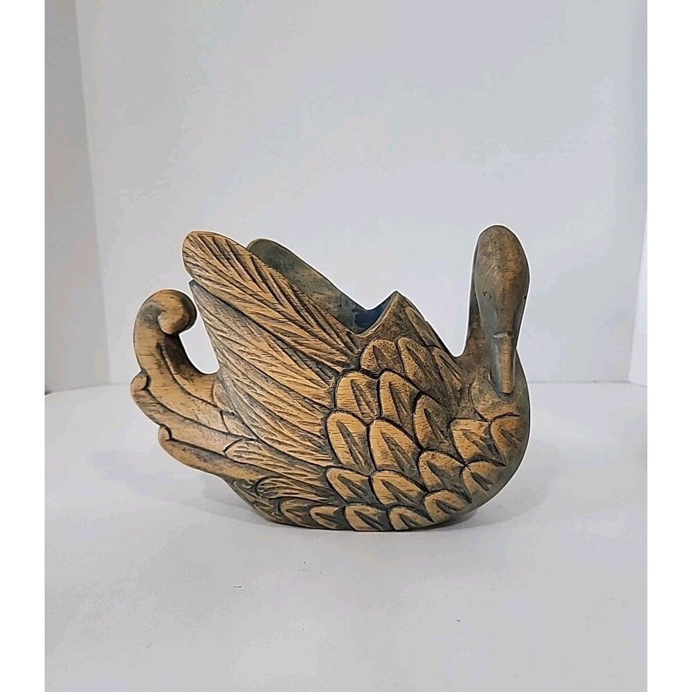 Vintage Hand Carved Wood Swawn Duck Planter Candle Holder Decor